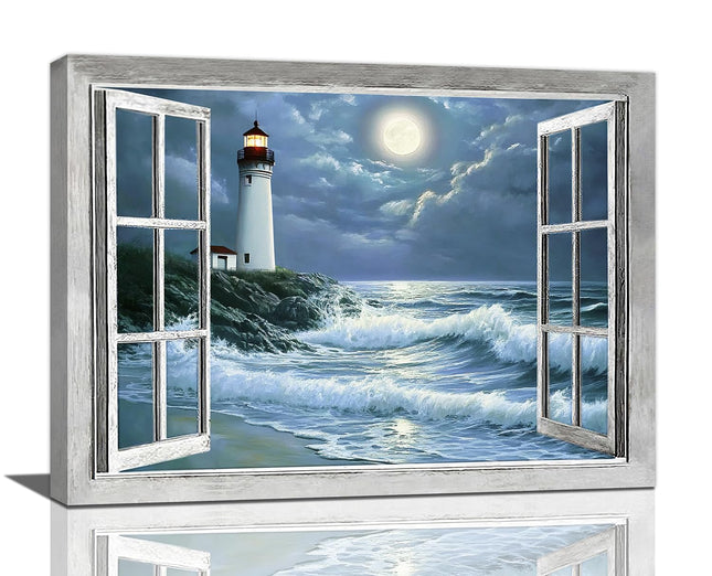 Lighthouse Nautical Wall Art Coastal Beach Pictures Wall Decor Ocean Canvas Prints Window Decorations Painting Framed Artwork Office Home Decor For Bathroom Bedroom Dining Living Room 16"x12"
