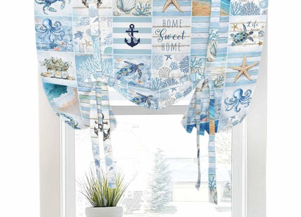 Blue Coastal Tie Up Curtains for Small Windows,Adjustable Rod Pocket Ocean Turtle Starfish Coral Valance 45 Inch Short for Bathroom Kitchen,Nautical Anchor Octopus Balloon Roman Blind Shade,34" x 45"
