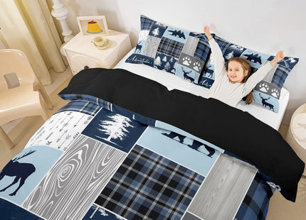 Hunting Bear Deer Comforter Cover, Buffalo Plaid Duvet Cover Twin Size Rustic Cabin Patchwork Bedding Set For Kids Boys Teens Adult, Farmhouse Cowboy Woodland Bed Set With 1 Pillow Case, Blue Grey
