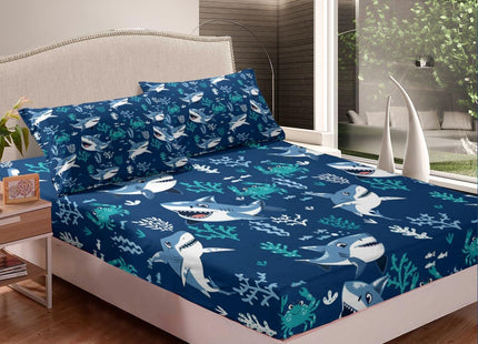 Cartoon Shark Fitted Sheet Twin for Kids Boys Girls, Ocean Blue Nautical Sea Animals Bed Set
