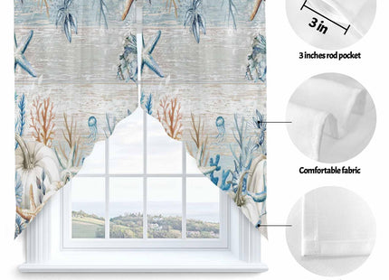 Fall Coastal Swag Valances Kitchen Curtains 36 Inches Length,Thanksgiving White Pumpkin Tier Drapes Swag Topper,Blue Ocean Starfish Coral Short Window Treatments for Small Window Cafe 2 Panels 28"x36"
