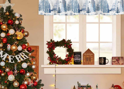 Christmas Curtain Valance for Windows Blue Snowflake Winter White Rod Pocket Valance Window Treatments Reindeer Elk Forest Short Curtains for Kitchen Windows Bathroom Bedroom 42x12in