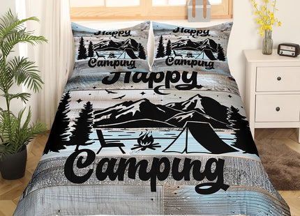 Rustic Farmhouse Style Comforter Cover Camping Themed Bedding Set for Boys Kids Teens Lodge Cabin Duvet Cover King Happy Glamping Trailer Camper Decor,Camfire Tent Retro Old Barn Door Room Decor