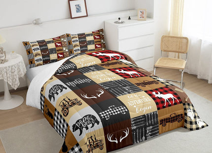 Erosebridal Rustic Farmhouse Duvet Insert, Moose Deer Patchwork Comforter Set for Kids Boys Teens Adult Women Bedroom, Checkered Tractor Bedding Antler Woodland Wildlife Bedding Comforter Sets, King