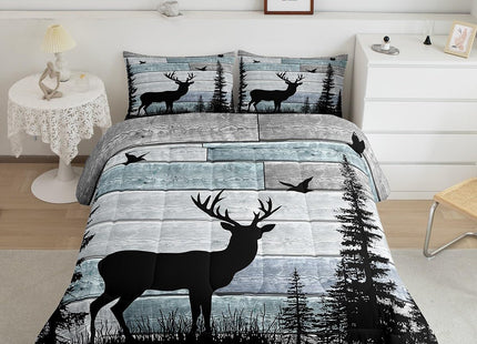 Western Bedding Set for Men Women,Rustic Deer Comforter Sets for Boys Teens Kids,Cabin Farmhouse Hunting Quilt King Size,Pine Trees Rustic Striped Down Comforter Set Wildlife Animal Print Duevt Insert
