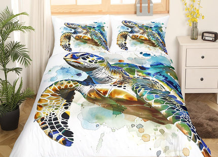 Erosebridal Sea Turtle Duvet Cover Twin Hand Painted Turtle Pattern on White Bedding Set Abstract Tortoise Comforter Cover Ocean Beach Themed 2 Piece with 1 Pillowcase for Children Teens Boys Girls
