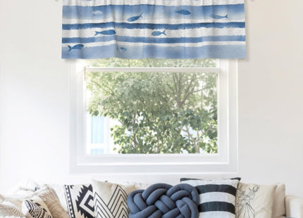 Granbey Nautical Coastal Valances for Windows Blue and White Striped Kitchen Curtain Fish Aquatic Print Beach Themed Window Valance with Rod Pocket Light Filtering 54 x 18 Inch, 1 Pack