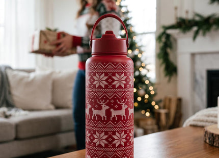 Stainless Steel Water Bottle 32 Ounces with Lid & Straw, Sport Insulated Bottles for Girls Women (Xmas Reindeer Pattern)