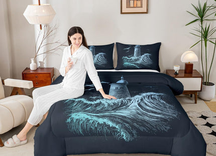 Erosebridal Nautical Comforter Set Twin, Lighthouse Down Comforter for Kids Boys Men, Ocean Wave Quilted Duvet, Surfing Coastal Bedding Comforters, Navy Blue Hand Drawn,Ultra Lightweight