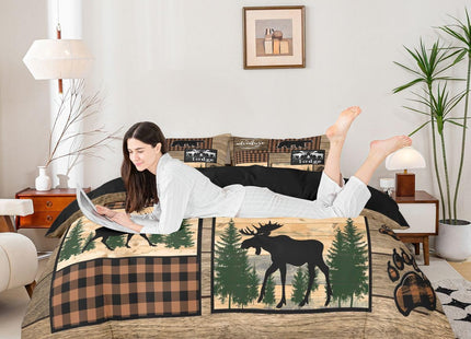 Erosebridal Retro Cabin Comforter Cover for Boys, Checkered Plaid Patchwork Duvet Cover King for Teens Adult Bedroom, Woodland Deer Bear Trees Bedding Set Country Farmhouse Moose Bed Cover, Brown