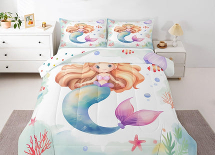 Erosebridal Kawaii Mermaid Comforter Set Full for Girls Cute Mermaid Tail Bedding Set Coastal Theme Bedding Comforters & Sets Pink Jellyfish Duvet Sets Multicolor Starfish Bubble Quilt Sets Cozy Soft