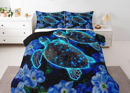 Glowing Teal Sea Turtle Down Comforter Blue Flowers Ocean Bedding Set Twin for Kids Child,Marine Life Reptile Comforter Set Coastal Creature Bed Quilt Botanical Floral Leaves Bedroom Decor