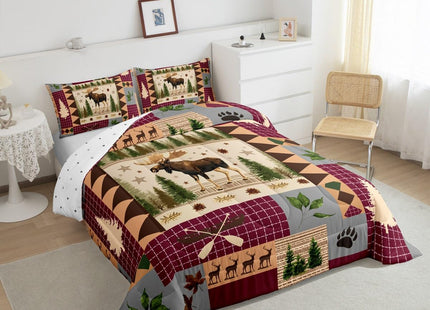 Rustic Patchwork Comforter Set King,Moose Deer Hunting Quilt for Kids Teens Adults Bedroom Decor,Country Wooden Canoe Maple Leaf Duvet Insert Southwestern Check Plaid Bedding,Camping Room Decor