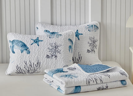 Coastal Quilt Sets King Size - Reversible Microfiber Dolphin Turtle Ocean Style Quilts with 2 Shams Soft Lightweight Beach Bedding Nautical Bedspread Coverlet Summer Comforter for All Season