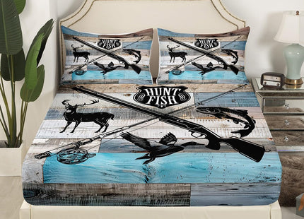 Castle Fairy Hunt Fish Twin Bed Sheet Set,Deer Bird Fish Animal Hunting,Bedding Deocr Set with 1 Flat & 1 Fitted Sheet with 1 Pillow Sham,Rustic Retro Wooden Board Kids Boys Room Mattress Protector