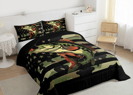 Bass Fish Camouflage Comforter Set Farmhouse Fishing Bedding Set for Kids Girls Women Adults Retro Green Camo Comforter Bass Fish Pattern Quilted Duvet Set Bedroom Collection Twin Size 2Pcs
