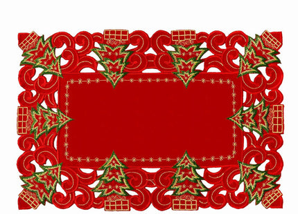 Grelucgo Set of 4 Embroidered Christmas Holiday Holly Tree Table Placemats, Rectangular 12 x 18