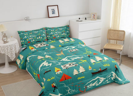Kids Camping Comforter Set Twin Size, Farmhouse Camper Car Bedding Set, Deer Wild Animals Bedding Comforter Sets, Mountain Adventure Down Comforter, Firemen Woodland Duvet Insert, 2Pcs Green