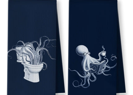 YRDBGHZDF Navy Blue Coastal Beach Octopus Hand Towels, Octopus Bathroom Decor, Nautical Ocean Animal Decorative Hand Towel for Bathroom, Coastal Beach Kitchen Towels, 16x24 Inch Set of 2