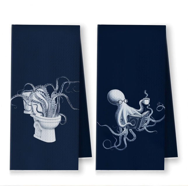 YRDBGHZDF Navy Blue Coastal Beach Octopus Hand Towels, Octopus Bathroom Decor, Nautical Ocean Animal Decorative Hand Towel for Bathroom, Coastal Beach Kitchen Towels, 16x24 Inch Set of 2
