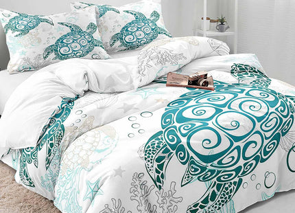 LUVIVIHOME 3PCS Teal Sea Turtle Duvet Cover King Bedding Set, Kids Bedding, Coastal Bedding, Starfish Seashell Conch Coral Seaweed Sea Ocean Beach Nautical White Comforter Quilt Cover, 2 Pillow Cases