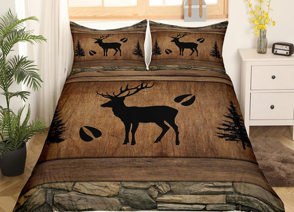 Manfei Rustic Deer Duvet Cover Set Full Size, Black Trees Deer Paw Print Comforter Cover with 2 Pillowcases, Brwon Wooden Plank Bedding Set 3pcs for Kids Boys Wild Animal Bedspread Cover,No Comforter