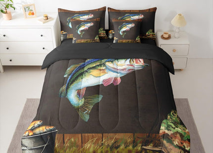 Erosebridal Twin Size Pike Fish Comforter Set with Sheets - 7 Pieces Rustic Bass Fish Bedding Set for Teens Adults Cabin Lodge Hunting Theme Bed in A Bag with Flat Fitted Sheet Wild Animal Bed Sets