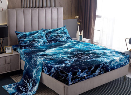 Erosebridal Blue Waves Bed Sheets Set Queen Size Ocean Sea Sheet Set Summer Theme Print Sheets Marine Water Grain Nautical Deep Pocket Top Sheet with 2 Pillow Cases