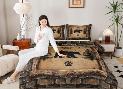 Feelyou Kids Rustic Bear Bedding Set Toddler Size Farmhouse Forest Animal Black Bear Comforter Set Boys Girls Hunting Country Brown Duvet Quilt