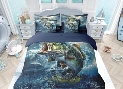 Feelyou Pike Fish Full Comforter Set with Sheets 7 Piece Bass Big Fish Bedding Set Ocean Fishing and Hunting Bed in a Bag