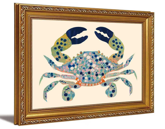 Gold Framed Coastal Watercolor Blue Crab Canvas Wall Art 12X16in