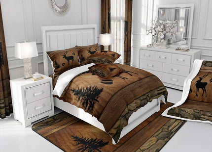 Manfei Rustic Deer Sheet Set Queen Size, Black Tree Deer Paw Print Bed Sheet Set 4pcs with Deep Pocket Fitted Sheet + Flat Sheet + 2 Pillowcases, Brwon Wooden Plank Bedding Set for Kids Boy Room Decor