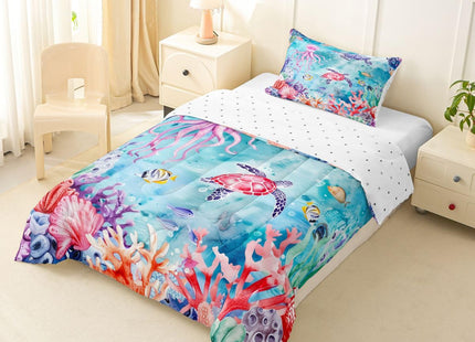 Erosebridal Blue Ocean Seaworld Toddler Comforter Set Marine Life Bedding Set for Kids Boys Girls Octopus Sea Turtle Duvet Insert Seashell Coral Underwater World Bedroom Decor 2 Pcs