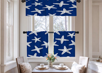 BaoNews Coastal Nautical Blackout Kitchen Curtain, Abstract Seamless Pattern with Starfish On Blue Background Window Treatment Rod Pocket Light Filtering Bathroom Short Valance 2 Pack 52X18 Inches