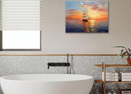 IBTKQSM Sailboat Canvas Nautical Wall Art Boat Ocean Pictures Wall Decor for Bathroom Living Room Bedroom Kitchen Office,Coastal Sunset Print Painting Artwork Decoration 16 x 12 inch