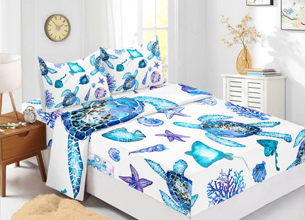 XYNHML Blue Sea Turtle Sheet 4Pcs Twin Ocean Coral Starfish Shell Fish Bedding Set for Kid Teen Girl Boy Adult Bed Decor Conch Manta Ray Bedspread with 1 Flat Sheet and 1 Fitted Sheet+2 Pillowcases