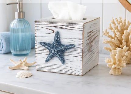 Ovimyne Coastal Tissue Box Cover Wooden Retro with Sliding Bottom Panel Beach Decor for Bathroom Bedroom Living Room,Starfish Decor Suitable for Coastal Gifts Beach House Gifts