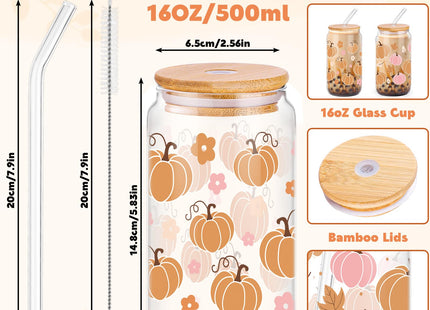 2 Pcs Fall Pumpkin Glass Cup With Lid & Straws Pumpkin Gifts for Women