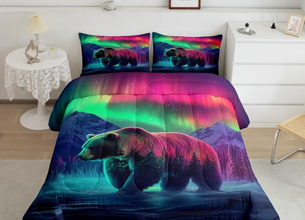 Erosebridal Aurora Bear Toddler Bedding Set,Mountain Snow Scene Comforter Set for Kids,Northern Lights Quilt Bed Set Cabin Pine Tree Bed Comforter Sets with 1 Pillowcase Room Decor