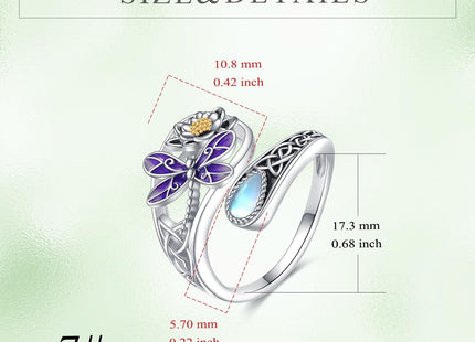 Vadmans Dragonfly Spoon Ring Sterling Silver Adjustable Dragonfly Ring Moonstone Jewelry Gifts for Women Wife Mother