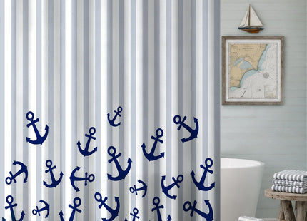 Sunlit Nautical Fabric Shower Curtain, Navy Blue Anchor with Gray Stripes Shower Curtains, Nautical Ocean Bathroom Decoration Curtains