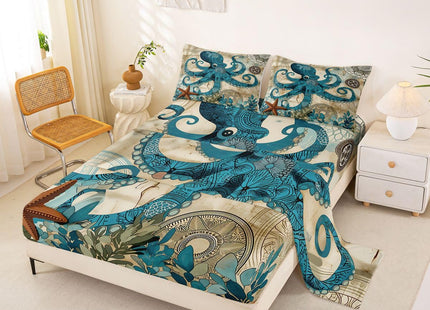 Octopus Bedding Ocean Bed Sheet Set Teal Mystic Kraken Mediterranean Style Design Teal Animal Bedding Sets Octopus Kids Sheet Set for Twin Size Skull Fitted Sheet and Flat Sheet,Marine 1 Pillowcase
