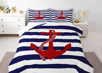 Geometric Stripes Comforter Set Twin Size,Nautical Anchor Bedding Sets 2Pcs Kids Boys Bedroom Decor 1 Pillowcase Ocean Adventure Theme Quilted Duvet Modern Navy Blue Red Bedspread Comforter