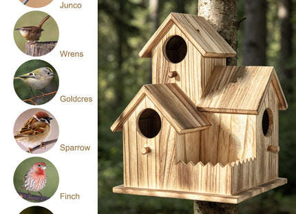 BlueYu Large Wooden Bird House for Outside, 3-Hole Birdhouse, Outdoor Bird Nesting Box for Bluebird Chickadee Finch Wren, Perfect for Garden Courtyard Decoration