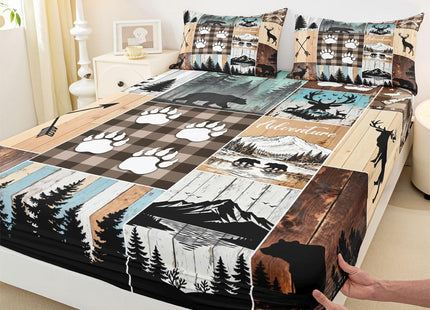 Rustic Farmhouse Fitted Sheet Twin for Adult Women Wild Animal Deer Bear Print Bedding,Hunting and Fishing Theme Camping Bed Sheets for Boy Girl Kid Patchwork Bed Set Old Barn Door Bedding