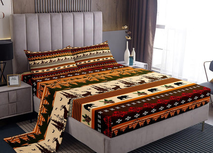 Erosebridal Woodland Bed Sheetss Twin,Abstract Bear Elk Deer Sheet Set Tribal Rustic Cabin Fitted Sheet for Boys Teens,Exotic Aztec Geometric Floral Top Sheet Western Wild Animal Room Decor,Brown