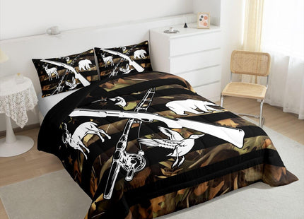 Hunting And Fishing Comforter Set Wildlife Fish Duck Deer Bear Twin Comforter For Boys Men,Camo American Flag Bedding Set Rustic Trees Leaves Camouflage Quilt Duvet Insert With 1 Pillow Case