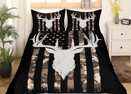 Camouflage American Flag Duvet Cover, Hunting Antler Comforter Cover Brown Black Camo Striped Bedding Set King Size for Kids Boys Teens Adult Women, Rustic Woodland Animal Bedspread Cover, Zipper