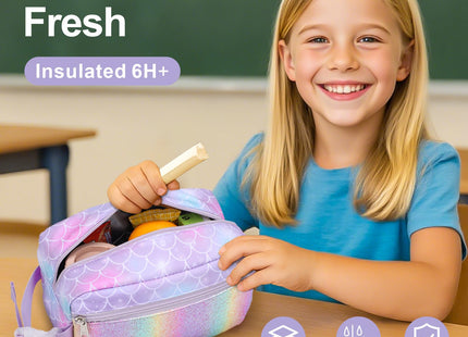 Bagseri Kids Snack Bag Girls - 3.9L Small Lunch Bag, Glitter Mermaid Scale