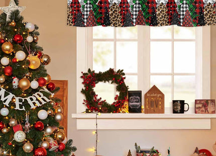 Merry Christmas Valance Curtains for Kitchen Windows Buffalo Plaid Xmas Tree Winter Forest Farmhouse Rod Pocket Window Treatment Toppers for Kitchen/Living Room/Bedroom/Bathroom, 42" X 12",Red Green